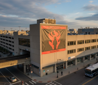 An Alewife Arsonists banner hanging on the side of the Alewife Station parking garage