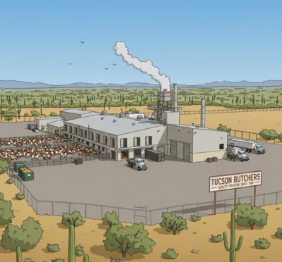 A facility in the Sonoran desert, outside of Tucson, with a sign out front that says Tucson Meat Packers