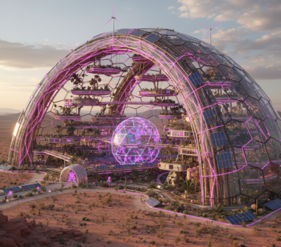 A large translucent structure in the shape of a dome sliced in half rises from the desert floor